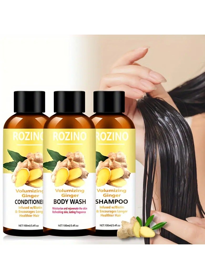 3pcs/Set Volumizing Ginger Hair & Skin Care Set, With Shampoo, Conditioner & Body Wash, Hydrated Hair, Balance Scalp Oil, Moisture-Lock, Biotin-Infused