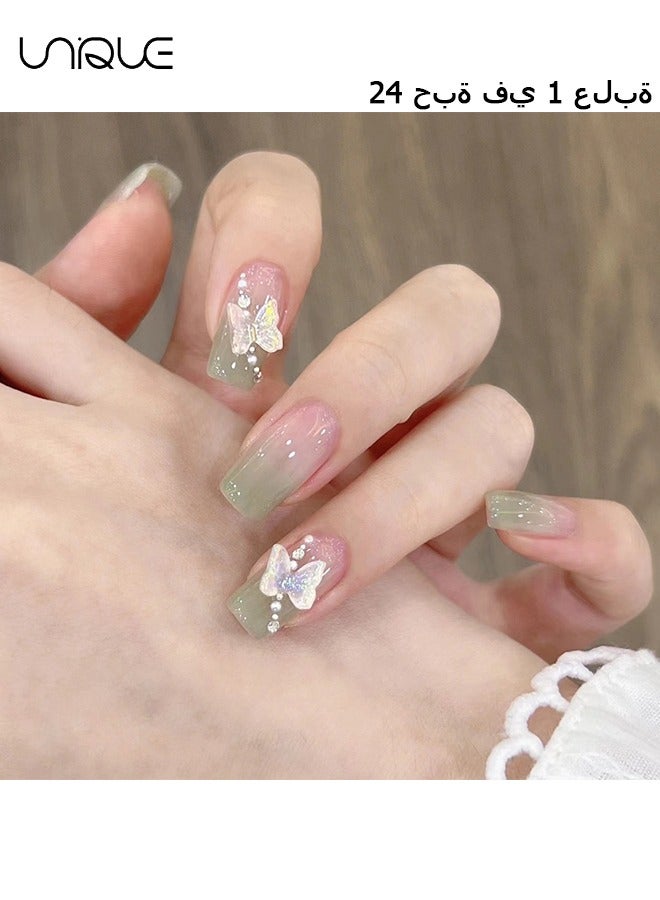 24Pcs Fake Nails, Press Nails, Mid-length Ballet Manicure - Gradient Green Manicure - Three-dimensional Pearl Butterfly Manicure - Fake Nail Patch