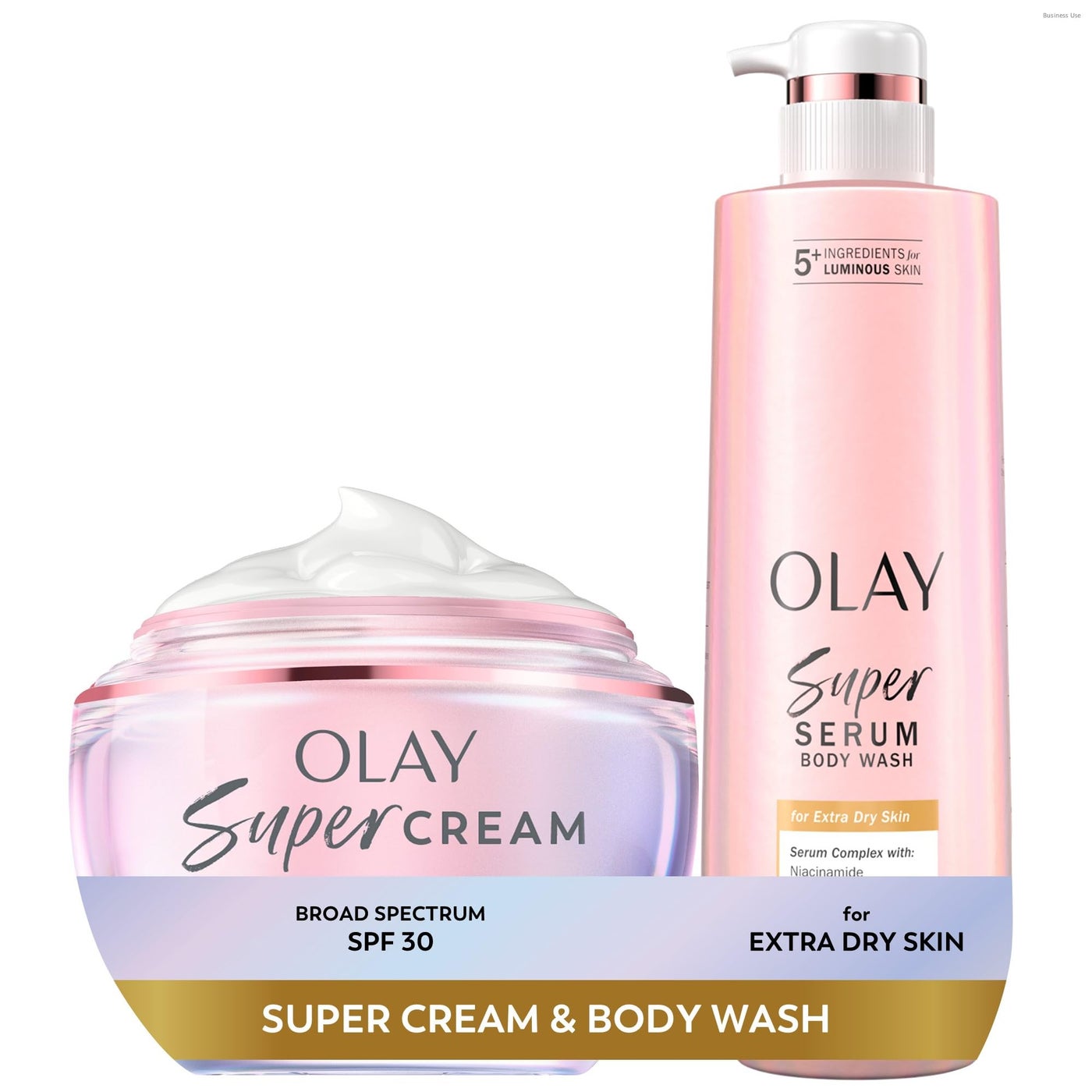 Olay Super Cream with Sunscreen SPF 30 (1.7 oz) + Body Wash for Extra Dry Skin (18.5 oz) - 24hr Long Lasting Hydration - Vitamin C & E, Hyaluronic Acid, Niacinamide - Smooth, Brighten, Firm