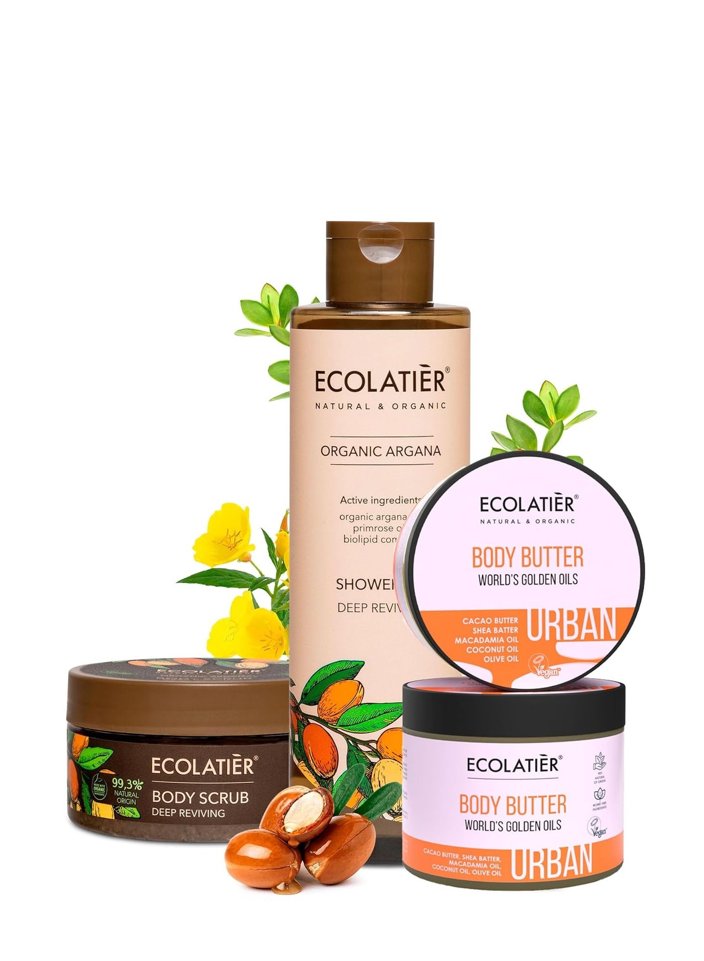 Deep Reviving Argan Oil Shower Oil, Body Scrub & Body Butter Set - Hydrating & Nourishing Skin Care with Pure Organic Argana Oil for Silky Smooth Skin