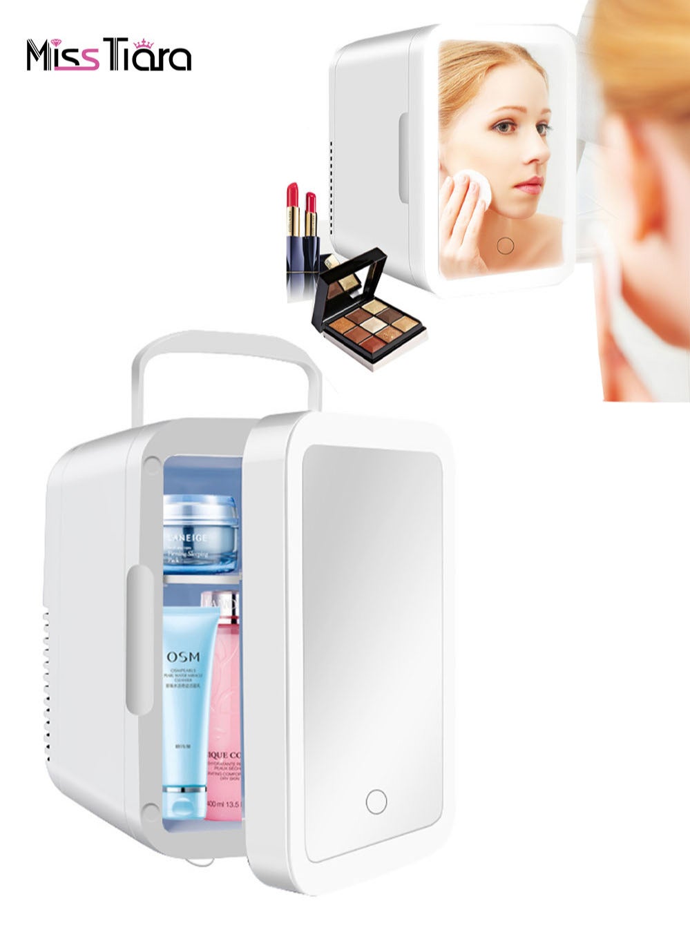 4 Liter Mini Cosmetic Beauty Refrigerator with Mirror AC/DC Thermoelectric Cooling Insulated Refrigerator for Skin Care Cosmetic Beverage Baby Food Bedroom Car Use