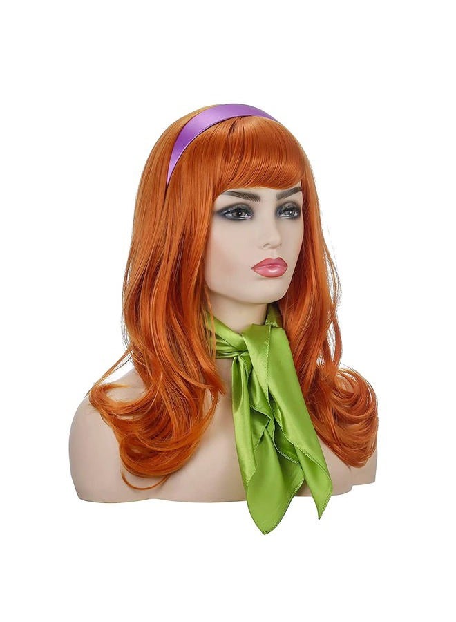 Long Wavy Orange Wig Full Bangs Ginger Wigs Halloween Cosplay Costume Party Synthetic Wig With Purple Head bang and Green Scarf (Daphne)