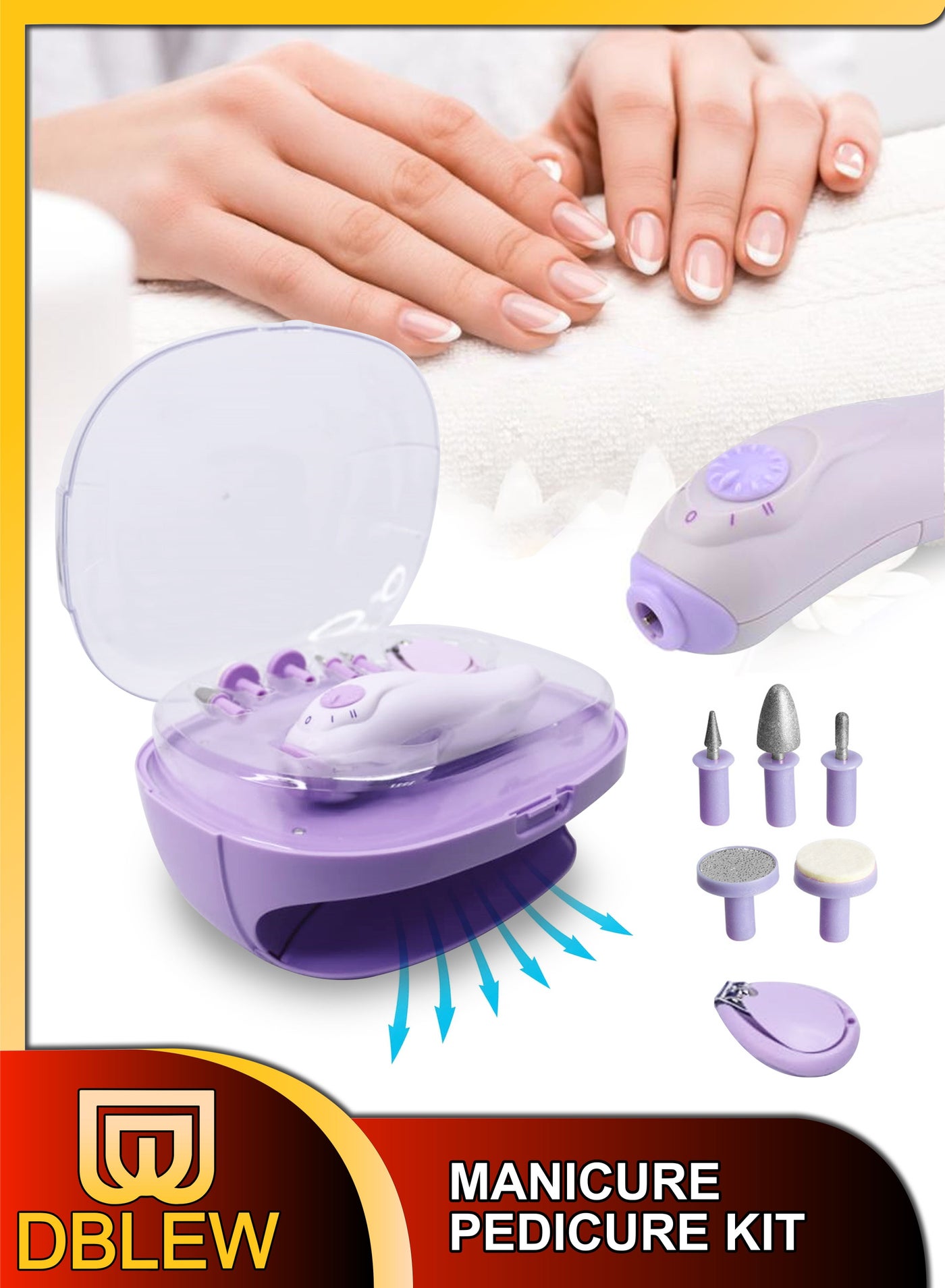 Electric Professional Manicure Set With Nail Dryer Clipper Pedicure 6 Pieces Attachments Trimmer File Scrubber Polisher Portable Grooming Kit Nails Care Tools For Home Newborn Baby Kids Teens Adult