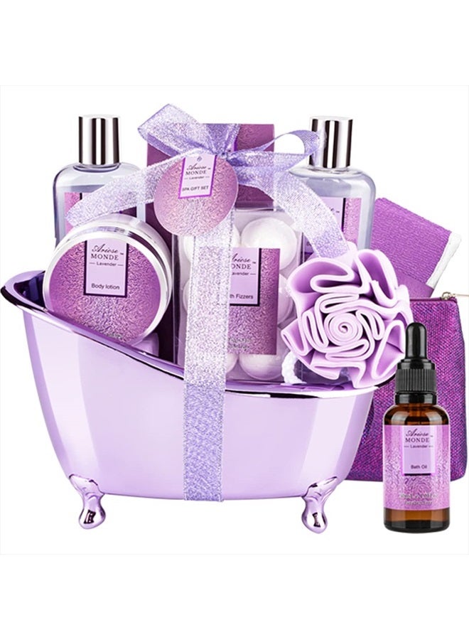 Bath Spa Basket Gift Set, Bath & Body Gift Set for Women, Lavender Scent, Includes Body Lotion, Shower Gel, Bath Salts, Bubble Bath, Bath Fizzers, Bath Oil, Birthday Bath Set Gift Idea