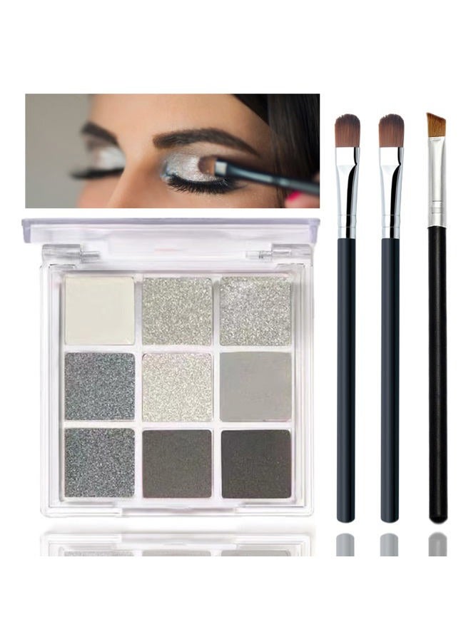 Black Smoky Eyeshadow Palette - Silver Shimmer, Grey, Gold, Brown - 9 Colors - Glitter & Matte Finish - Long Lasting, Waterproof - Pearl Eye Shadow Palette - Includes Eyeshadow Brush