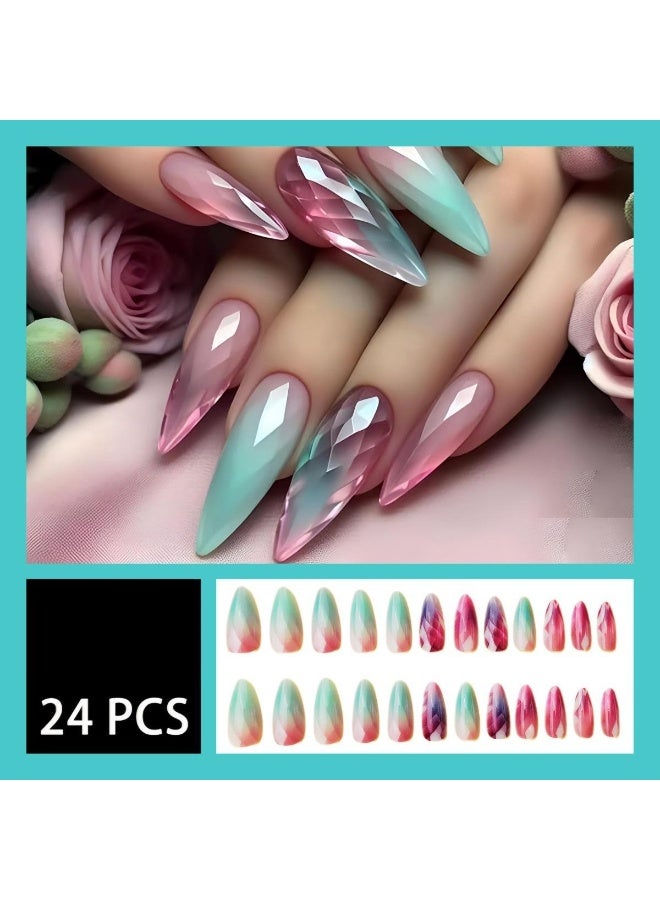 24pcs Mixed Color Almond Press-On Nails – Gradient Cat Eye Design, Medium Length, Glossy Removable Nail Tips