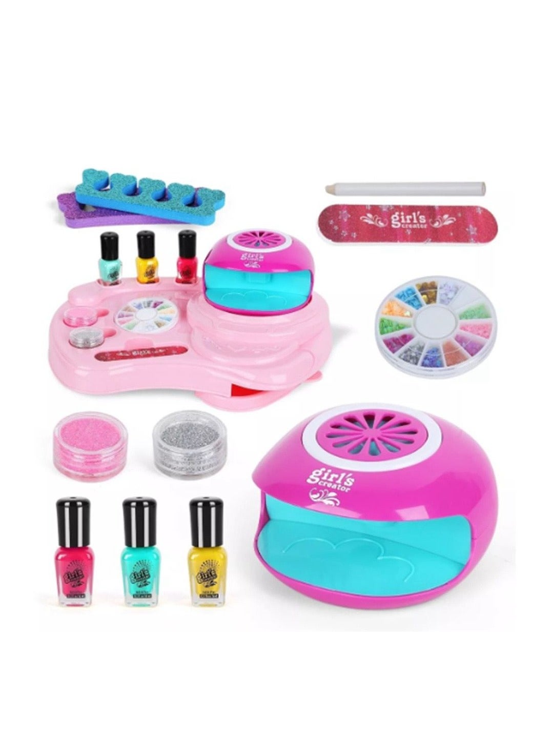 Home Smart Nail Art kit for Girls Manicure kit 12 pcs set with nail art kit base, crayon, nail filler, toe spacer, nail dryer, nail polish, glitter powder, and sticky nail gems  Gift for your loved ones