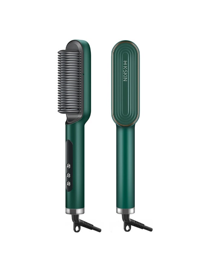 KSKIN Fast Heating Hair Straightener Brush - Digital Display Comb for Women with 9 Temp Settings, Anti Scald Ceramic Hair Straightener for Thick Hair, 30 Minutes Auto-Off,Green