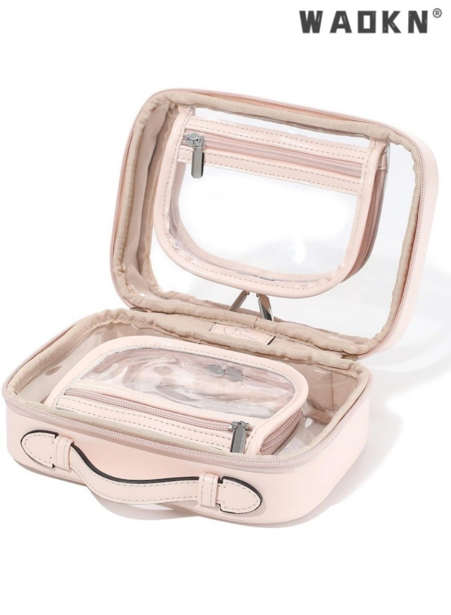 Portable Toiletry Bag Transparent Makeup Bag Double Travel Cosmetic bags Suitcase Waterproof Toiletries Bag Large Capacity Open Storage bag Organizer for Women and Girls (Small Pink)