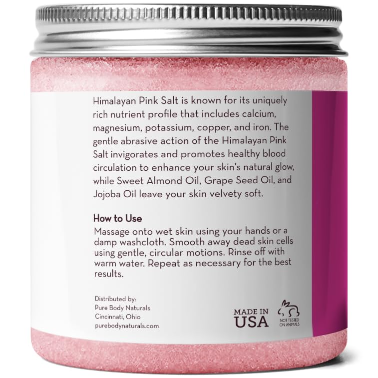 Pure Body Naturals Himalayan Salt Scrub, 12 ounces | Natural Face, Body, Hand, Foot and Skin Exfoliator | Facial Exfoliating Pink Salt with Sweet Almond Oil, Jojoba Oil, Vitamin E, and Aloe Vera