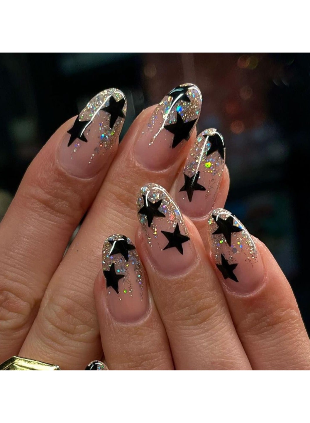 24pcs Nude Pink Almond Nails, Black Star Press On Nails With Rhinestone Design, Glossy Full Cover False Nails For Women , Halloween Nails