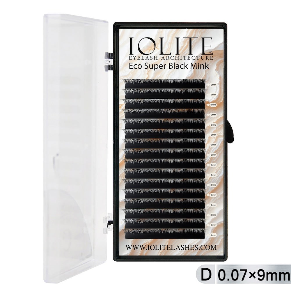 Iolite Super Black Mink Lash Extension – D Curl 0.7T Mix (6mm–15mm) | Premium Black Mink Eyelash Extension Tray for Lash Artists ISBMD7T - 9MM