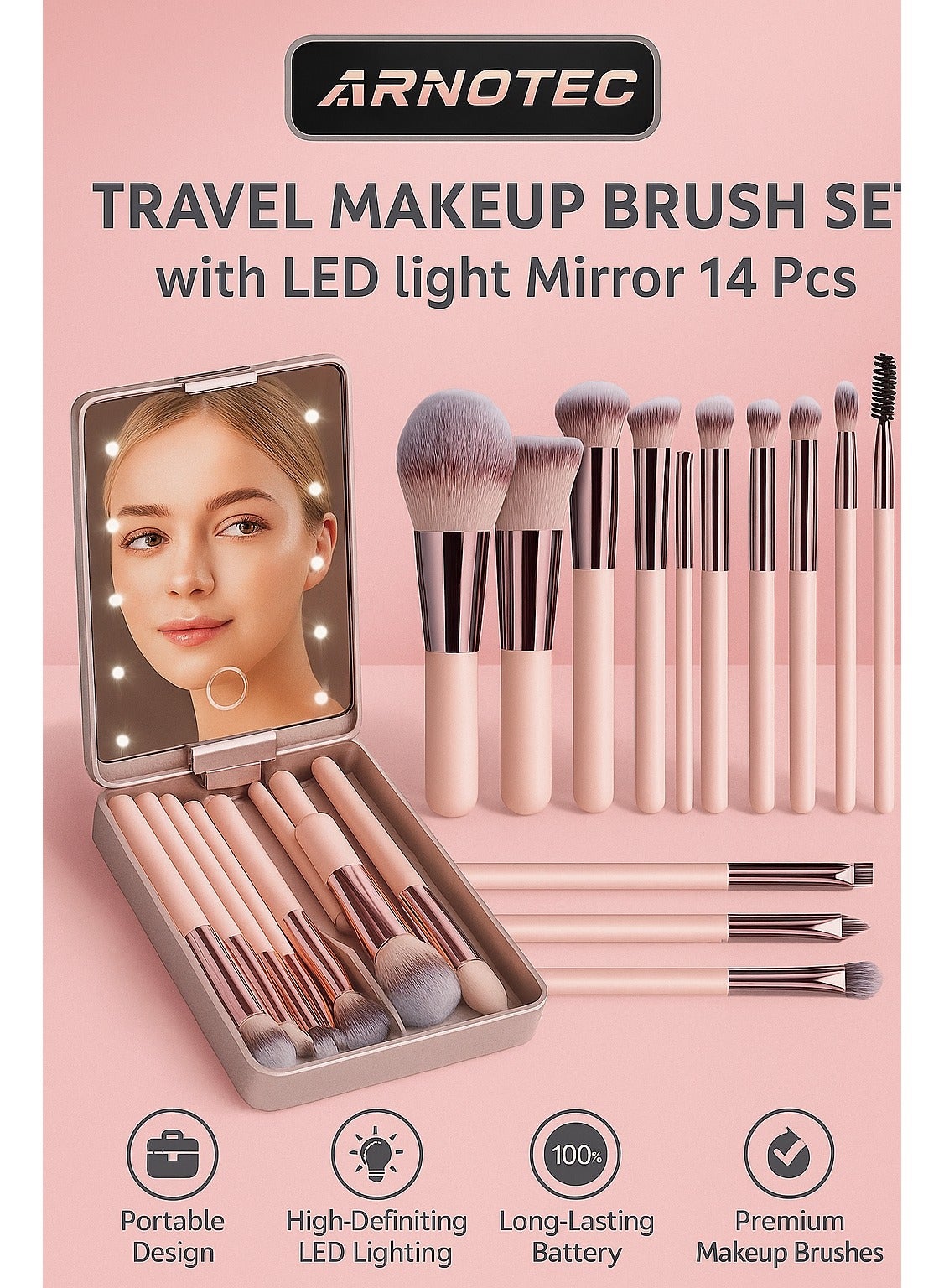 Travel Makeup Brush Set with LED Light Mirror – 14 Pcs Professional Makeup Brushes in Pink Portable Box | Soft Synthetic Bristles, Compact Design for Daily & Travel Use