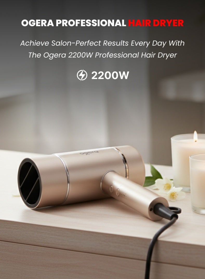 2200W Professional Hair Dryer – Powerful Motor, Cool & Hot Air Circulation, Magnetic Concentrator Nozzle, Lightweight & Ergonomic Design for Salon-Quality Results – Model OG2700HD, Gold