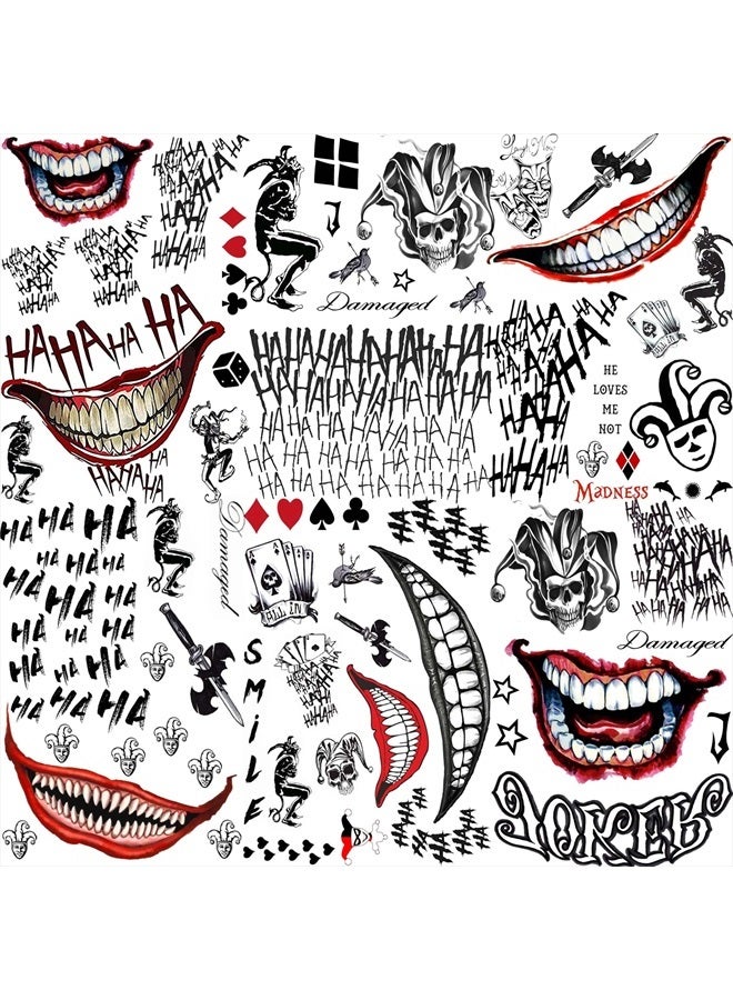 GOROMON 6 Sheets The Joker Temporary Tattoos For Halloween Makeup Kit, Suicide Squad Joker Tattoos Stickers For Women Men Adults, Damaged Tattoo Joker Hand Smile Face Poker Prisoner Costume Skull Set