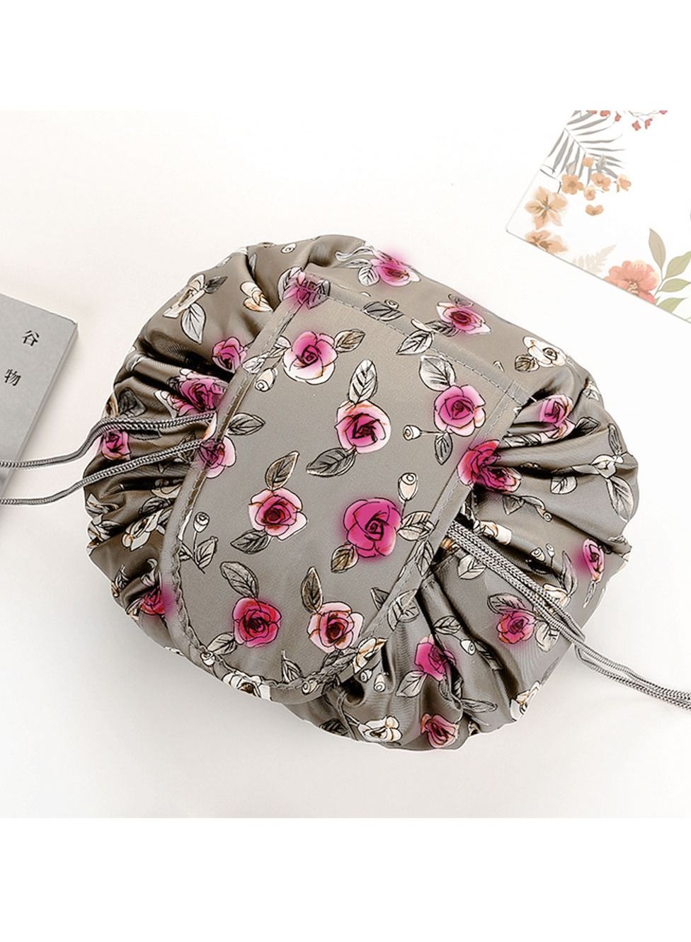 Makeup Bag Drawstring Travel Cosmetic Bag Round Magic Toiletry Beauty Kit Pouch Floral Print