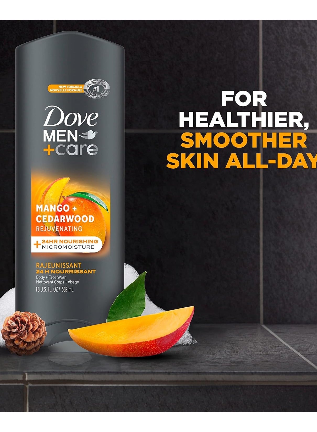DOVE MEN + CARE Body Wash Rejuvenating Mango + Cedarwood for Men with 24-Hour Nourishing Micromoisture Technology 532ml