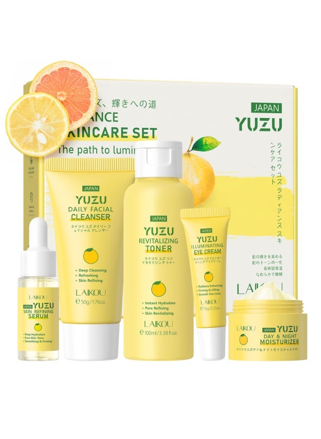LAIKOU Yuzu Radiance Skincare Set - 5-Piece Skin Care Kit for Men & Women, Includes Cleanser, Toner, Serum, Eye Cream, and Moisturizer for Glowing Skin