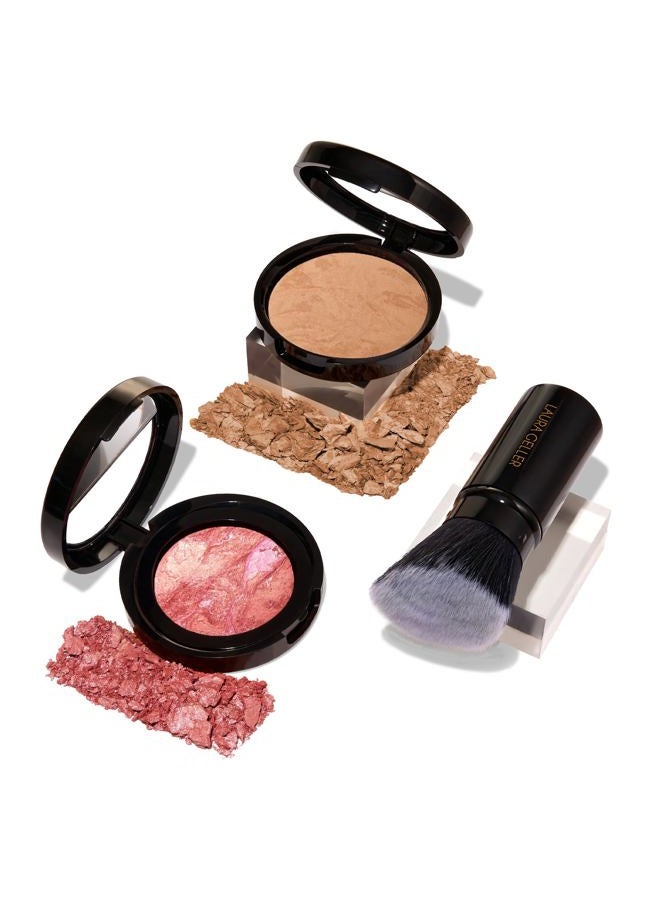 Blush-n-Balance 3pc Kit Baked Balance-N-Brighten Color Correcting Foundation, Golden Medium + Retractable Kabuki Brush + Baked Blush-N-Brighten, Tropic Hues
