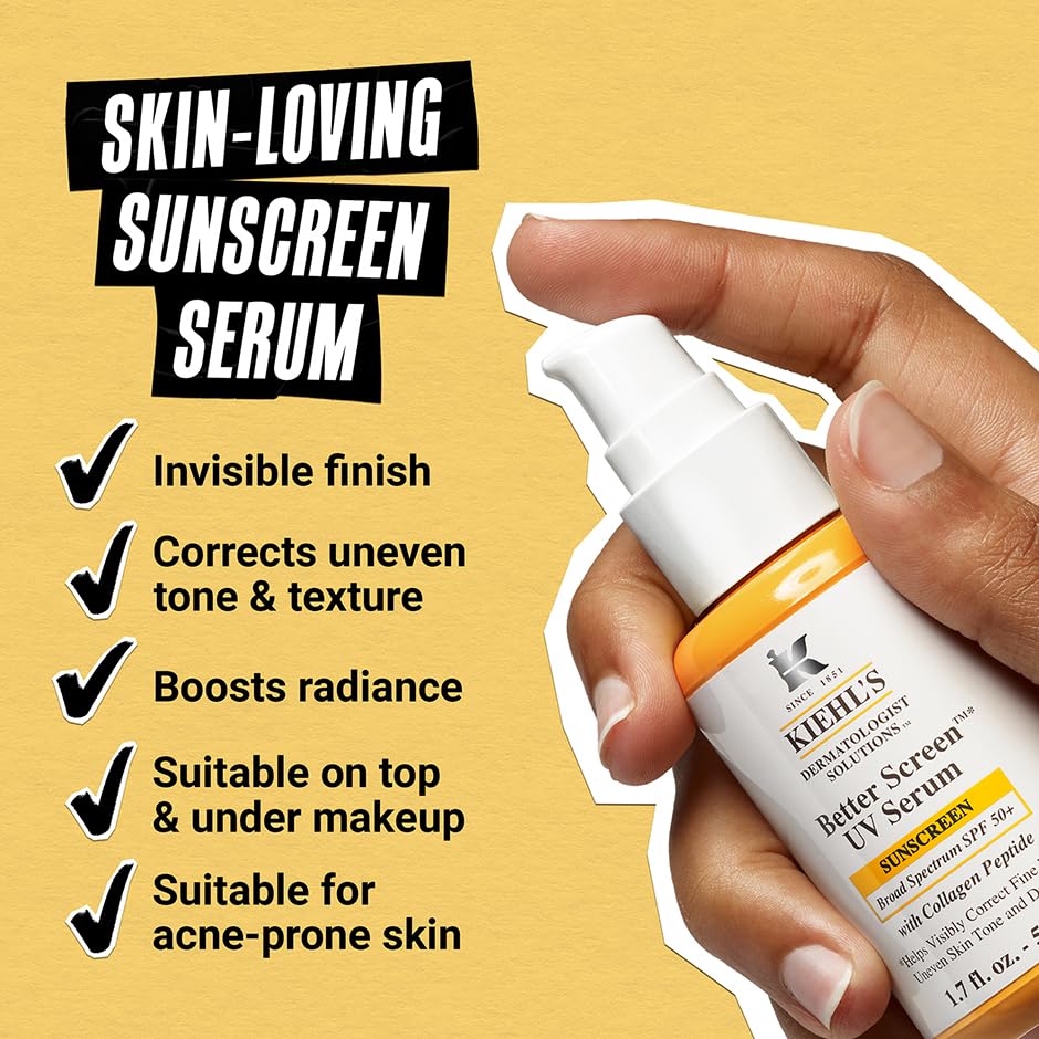 Kiehl's Better Screen UV Serum SPF 50+, Invisible Facial Sunscreen with Collagen Peptide, UV Filters to Shield UVA & UVB, Helps Correct Visible Signs of Aging, Boosts Skin Radiance - 0.5 fl oz
