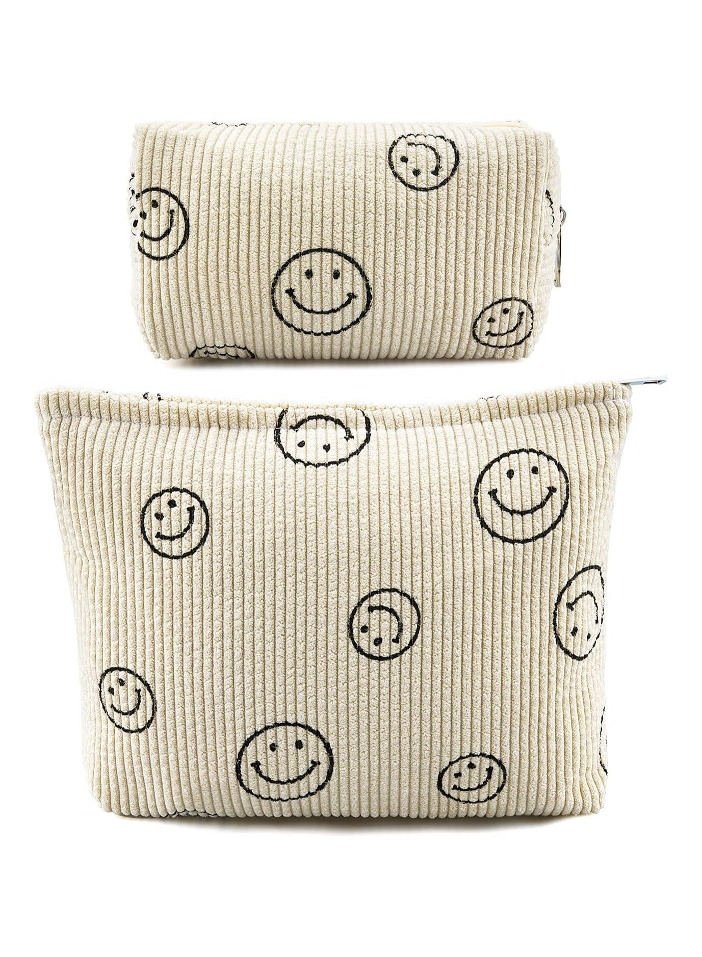 2-Piece Cosmetic Bags – Cute Smile Face Makeup Pouch and Travel Toiletry Organizer for Women (Beige)