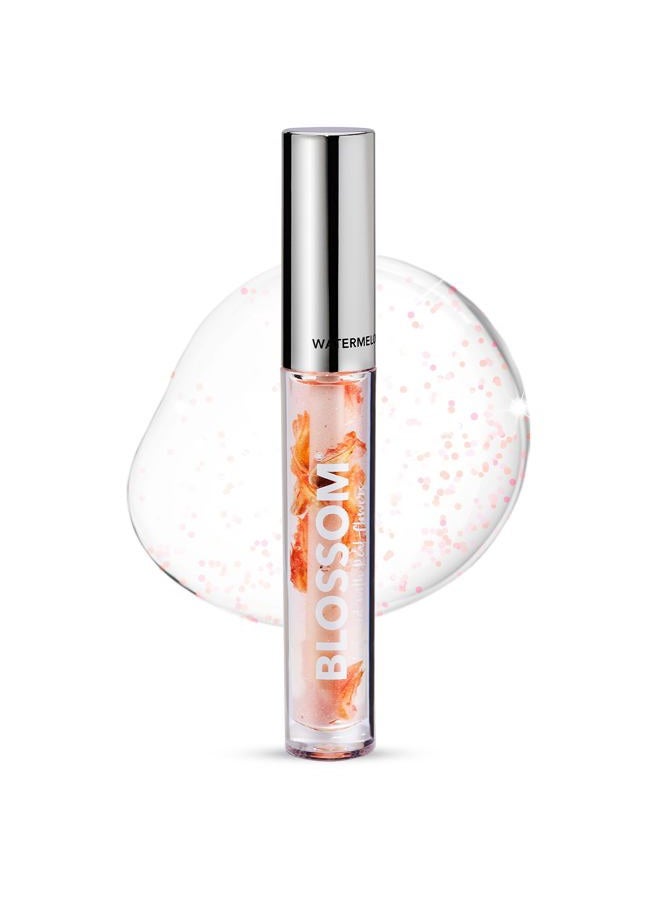 Lip Gloss & Lip Oil with Olive Oil + Grape Seed Oil, Moisturizing and Hydrating Shimmer Sparkle, Infused with Real Flowers, 3g, Watermelon