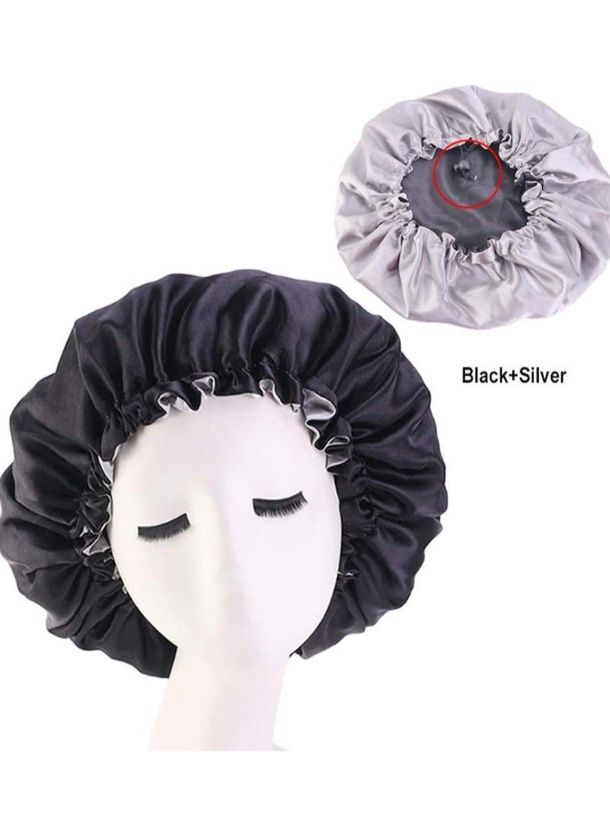 Women's Adjustable Reversible Satin Bonnet Soft Double Sided Sleep Cap Black