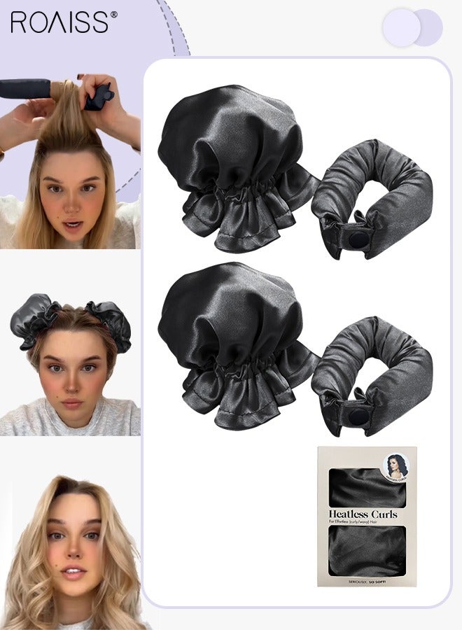 4Pcs New Satin Heatless Hair Curler, Hair Rollers for Heatless Curls with Hair Caps, Soft Curling Rod Headband for Long Hair, Curling Set for Sleep in Overnight (Black)