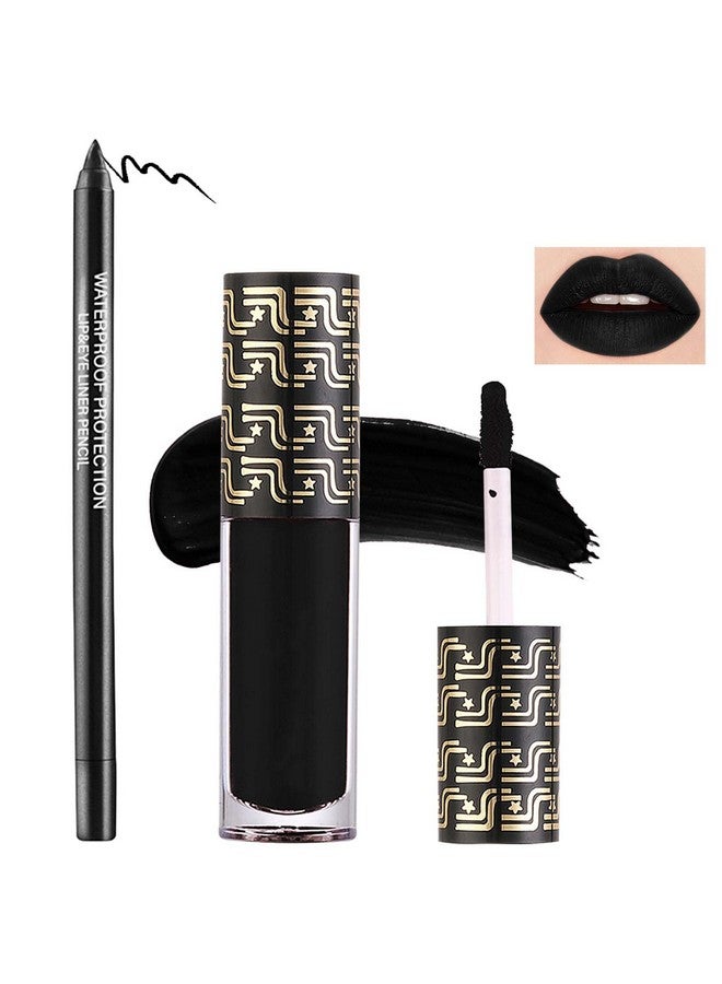 2 Pcs Lip Liner And Lipstick Setpigmented Velvet Lipgloss Kit Black Matte Lipstick Lip Liner Setwaterproof Black Lip Gloss Stain Liquid Lipstick Set Cosplay Halloween Goth Makeup Gift Kit