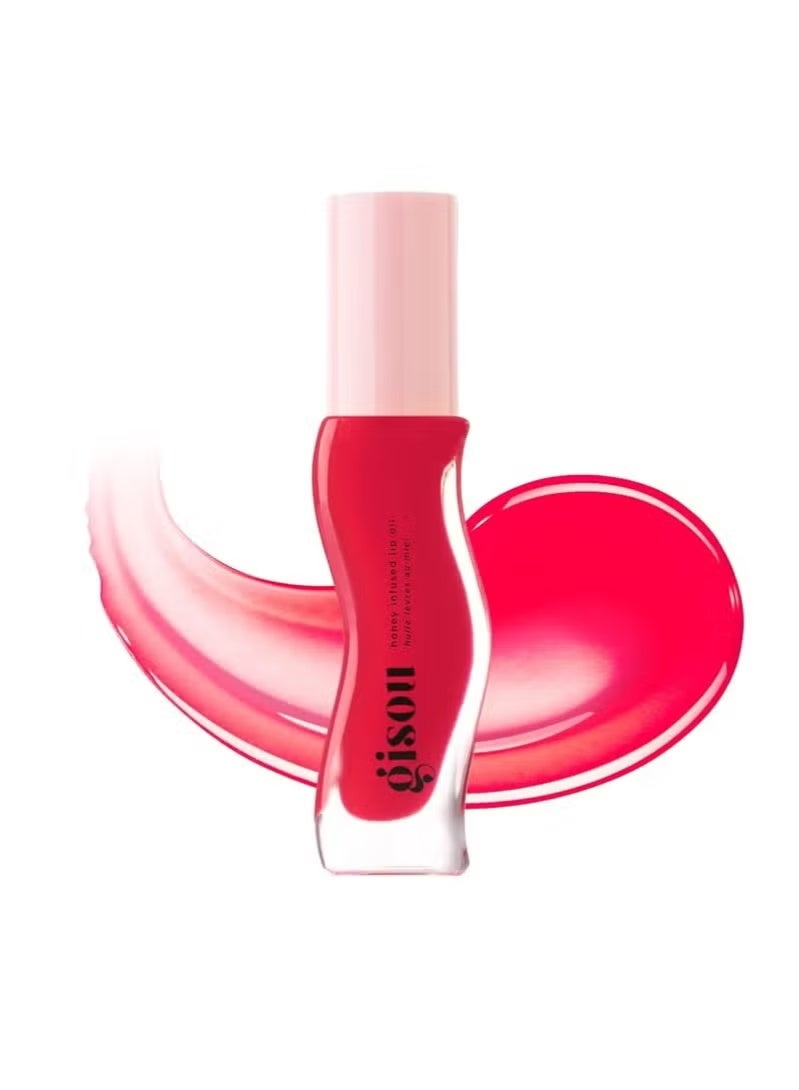 Honey Infused Hydrating Lip Oil, Nourishing Lip Moisturizer for Dry Lips, High Shine, Smooth Finish, Sheer Pinky Red Shade, Juicy Strawberry Scent, Strawberry Sorbet, 8ml