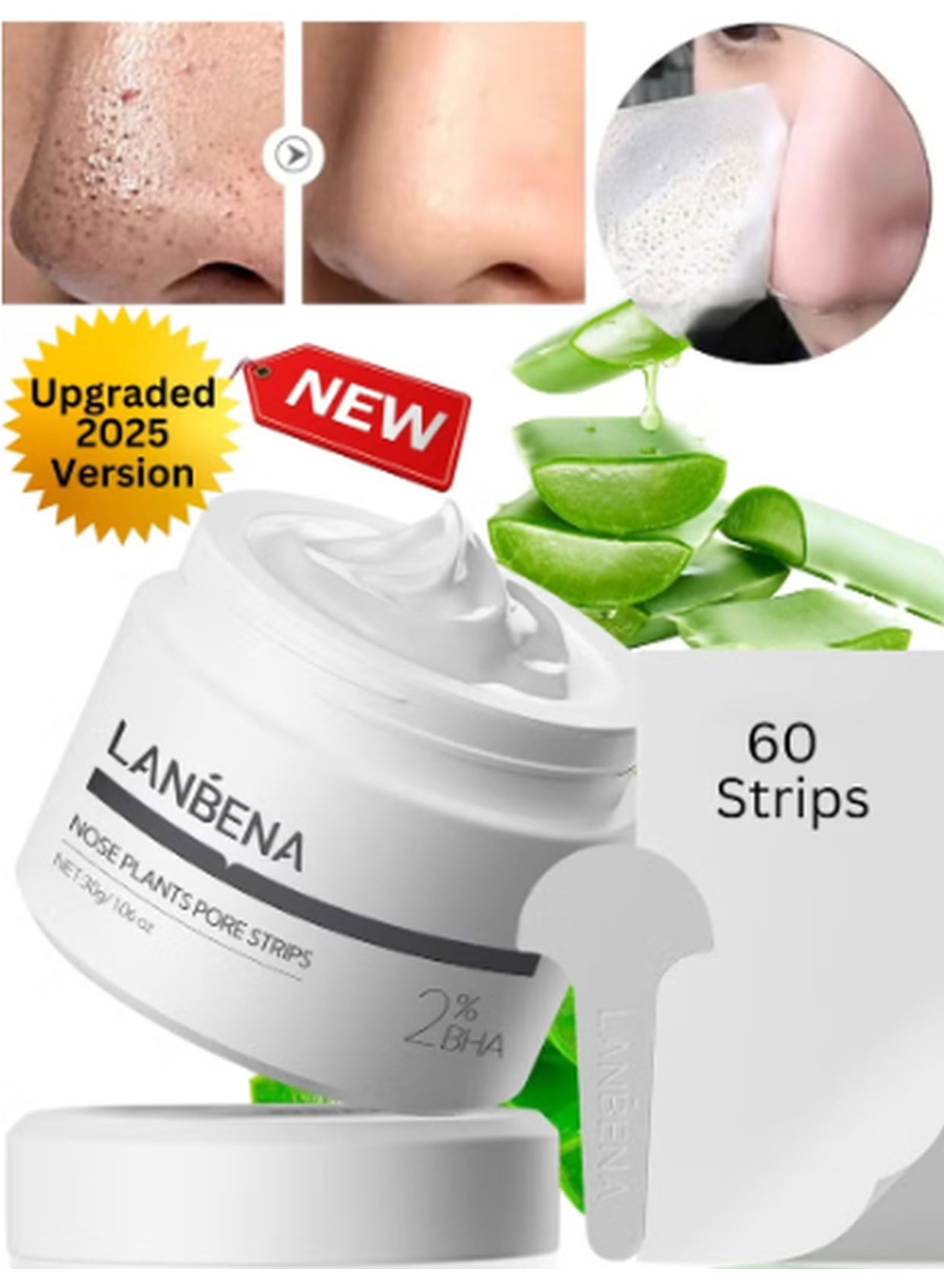 Nose Plants Pore Strips 2.0,Upgraded Blackhead Remover Mask with Salicylic Acid, Amazonian White Clay, Pore Cleanser Purifying Peel off Face Mask with 60 PCS Strips, Peel Off Mask Nose Strips Aloe Facial Mask 30g