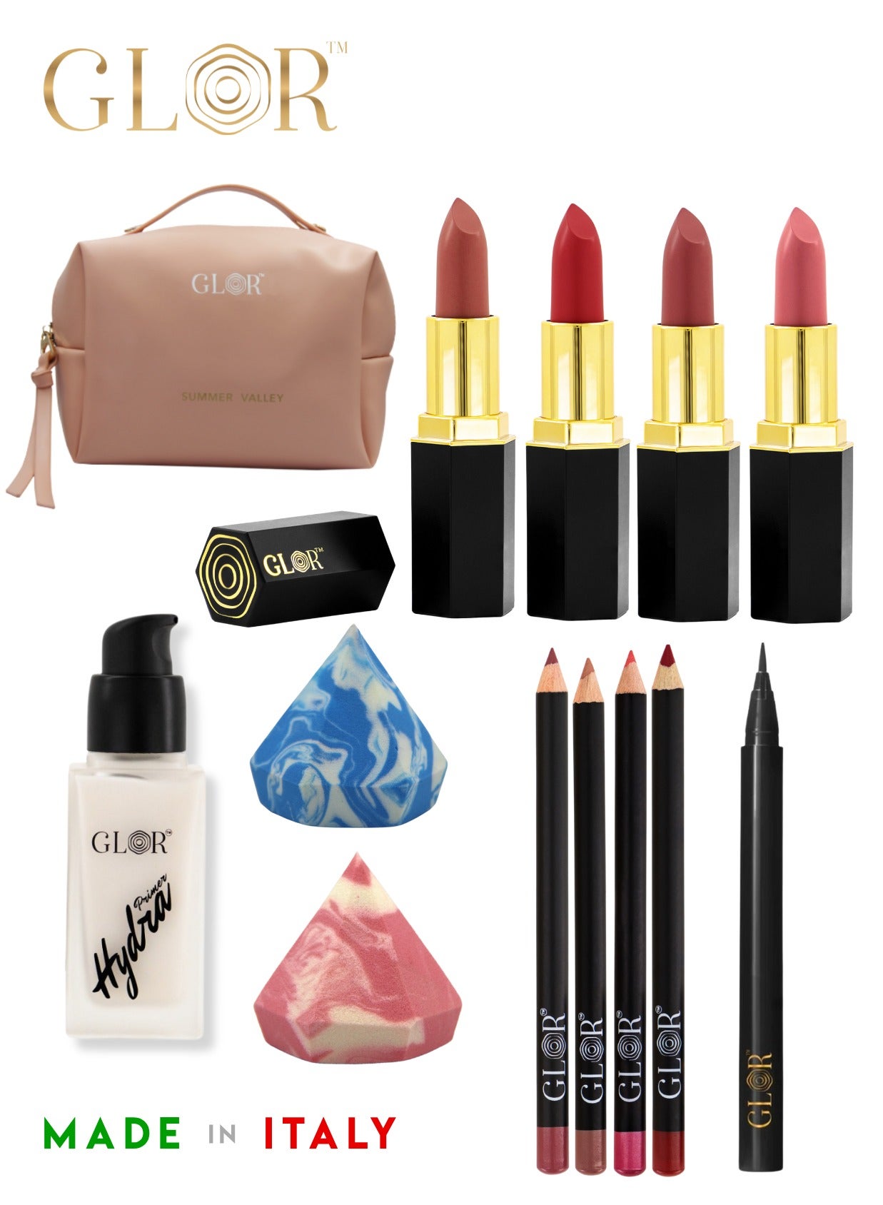 Glor Endless Charm Lipstick 4 Shades – Intense Long-Lasting Color, Luxurious Moisture, Ultra-Creamy Formula for Beautiful Lips  +   Glor Endless Charm Ultimate Precision Lip Liner - 4 Shades –Vegan, Allergen-Free, Long-Lasting Lip Definition +  Glor Face & Eye Hydration Primer  + Glor Precision Eyeliner +  Cosmetics Bag +  Beauty Blender