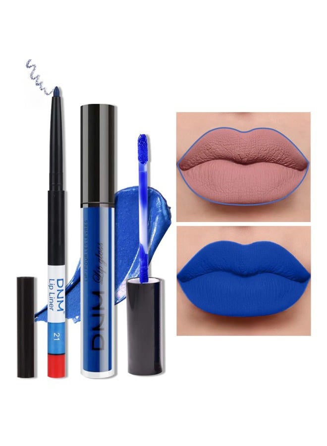 2Pcs Royal Light Blue Matte Liquid Lipstick and Lip Liner Pencil Makeup Set DNM Blue Lipstick 24H and with Lip Liner Set Waterproof Long Lasting labiales mate 24 horas originales 21#