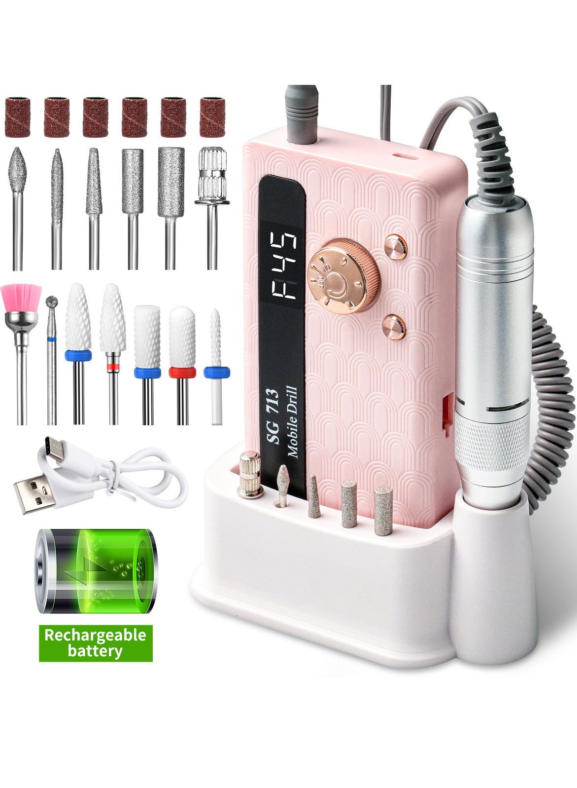 Rechargeable 45000RPM Nail Drill Portable Nail Drill Machine Electric Nail E File Manicure Drill Set High Speed Nail Tools for Nail Salon Silver