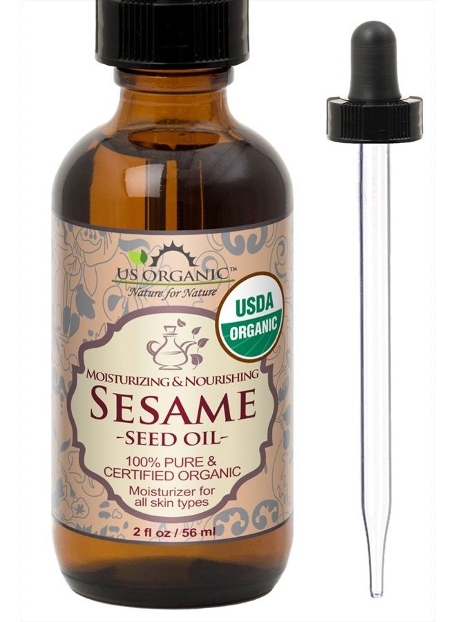 Sesame Seed Oil, Certified Organic, Untoasted, Unrefined Virgin, Pure & Natural, Cold Pressed, in Amber Glass Bottle w/Glass Eye dropper (2 oz (Small))