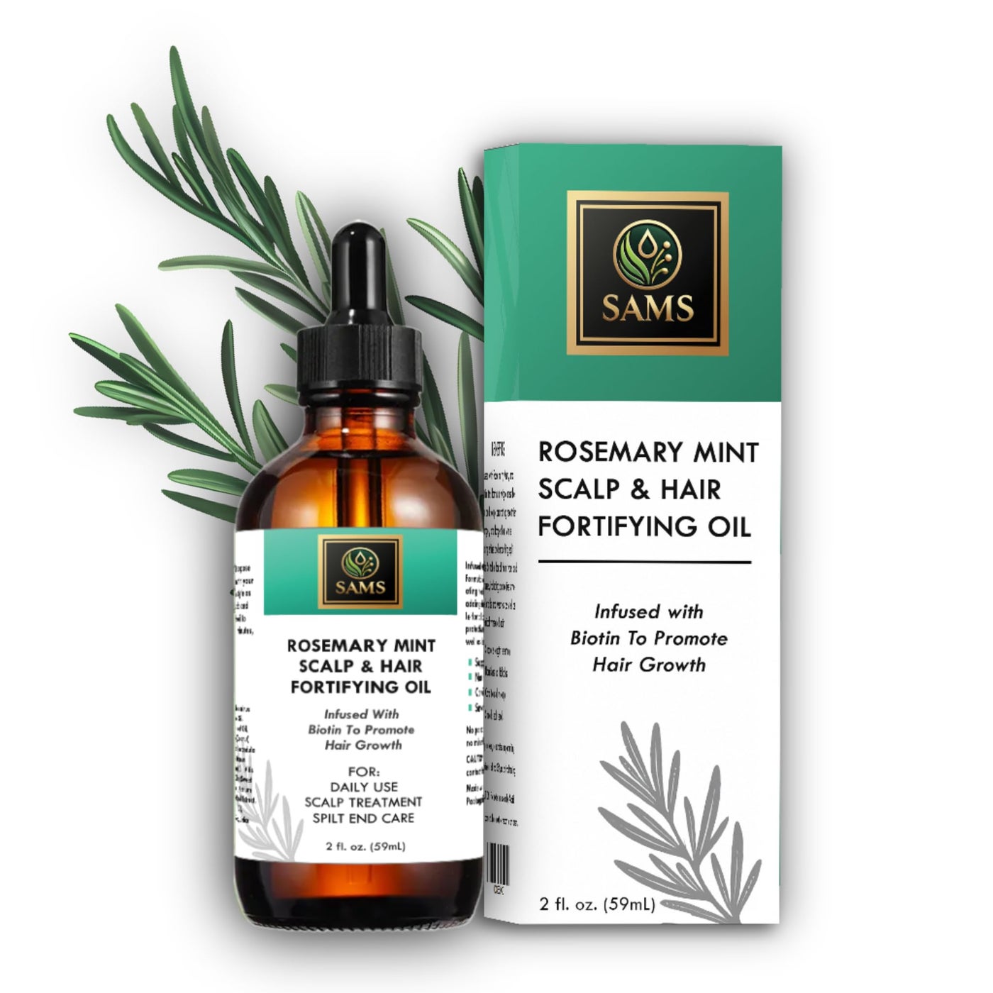 SAMS Rosemary Mint Hair Growth Oil - Organic Scalp Treatment, Strengthens & Nourishes, Prevents Breakage, Fast Hair Growth, 2 fl oz, Green