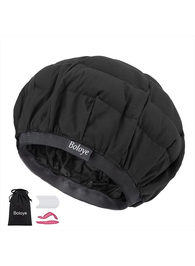 Flaxseed Deep Conditioning Heat Cap - Boloye Cordless 100% Safe Microwave Hot Cap for Natural Curly Textured Hair Care, Drying, Styling, Curling, Universal size (10 PCS One-time shower cap) (Black)