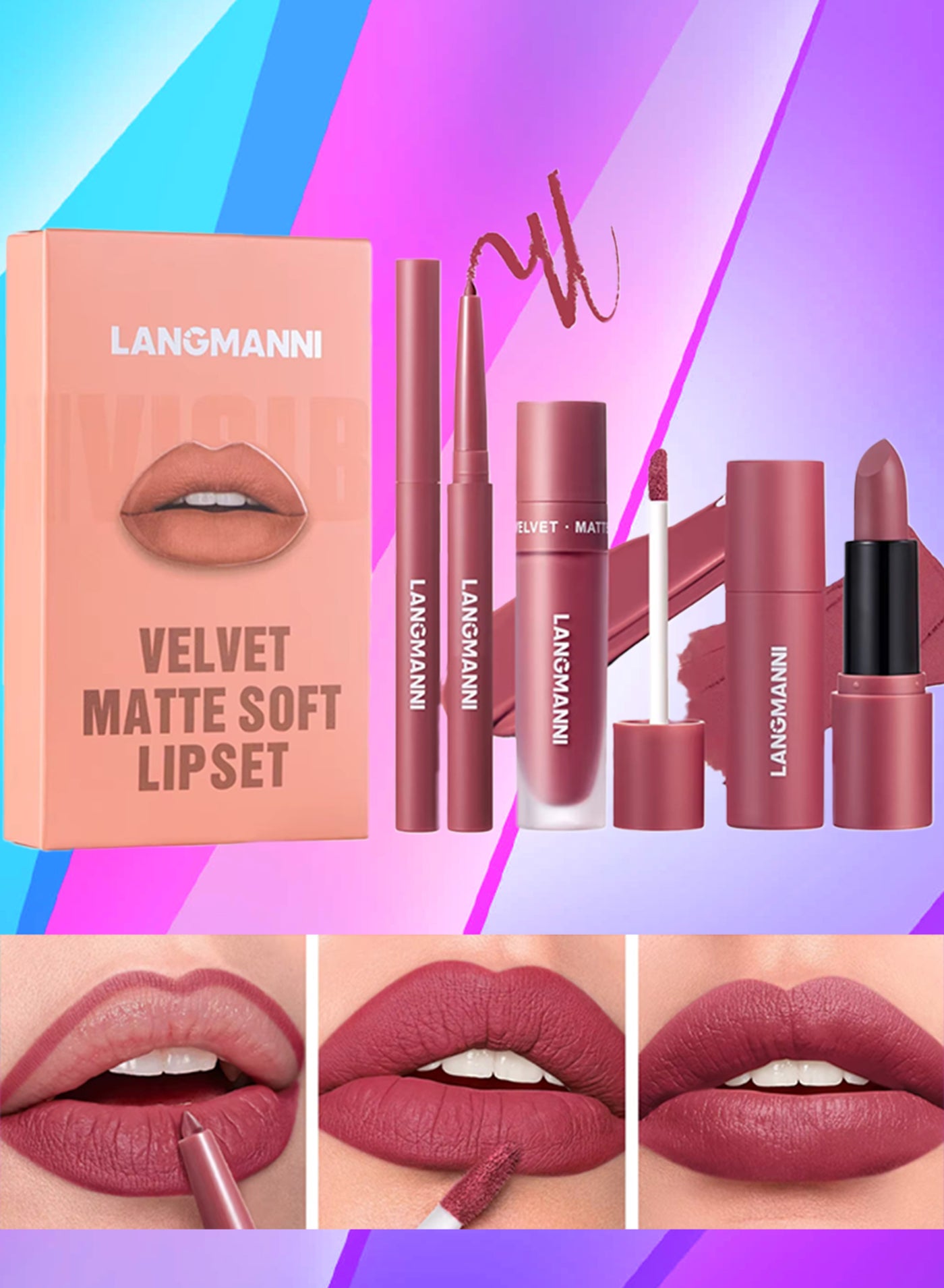 3 in 1 Matte Soft Lip Set Lip Liner Liquid Lip Gloss and Lipstick Combo Set Soft Smooth Natural Lip Contour Set Waterproof and Long Lasting Effect All in One Lip Makeup Gift Set 05