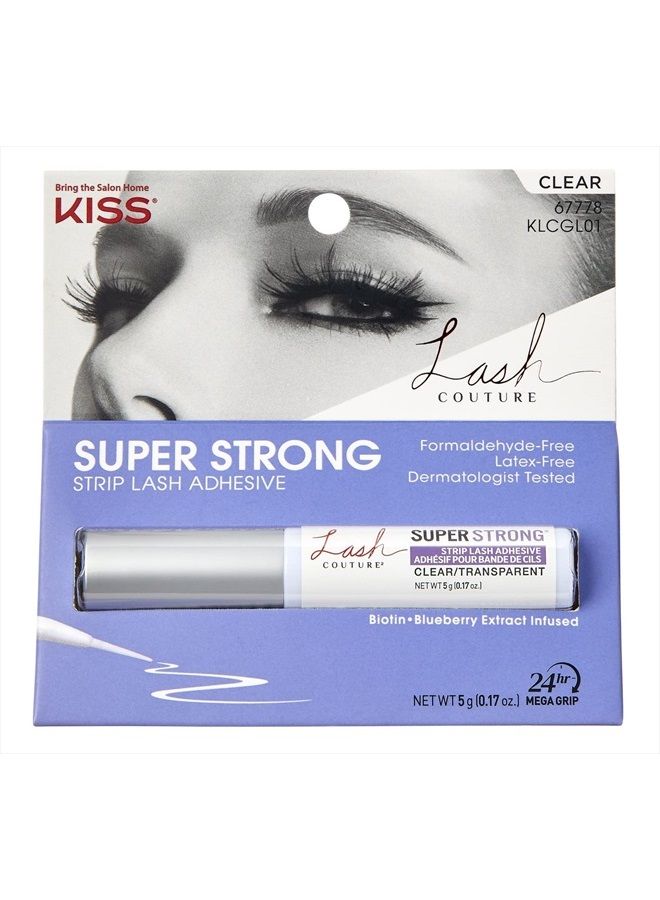 Lash Couture Clear Strip Lash Adhesive with Biotin & Blueberry Extract, Latex-Free, Dermatologist Tested, Contact Lens Friendly, Strong Hold, Gentle Formula, with Brush Tip Applicator, 0.17 Oz.
