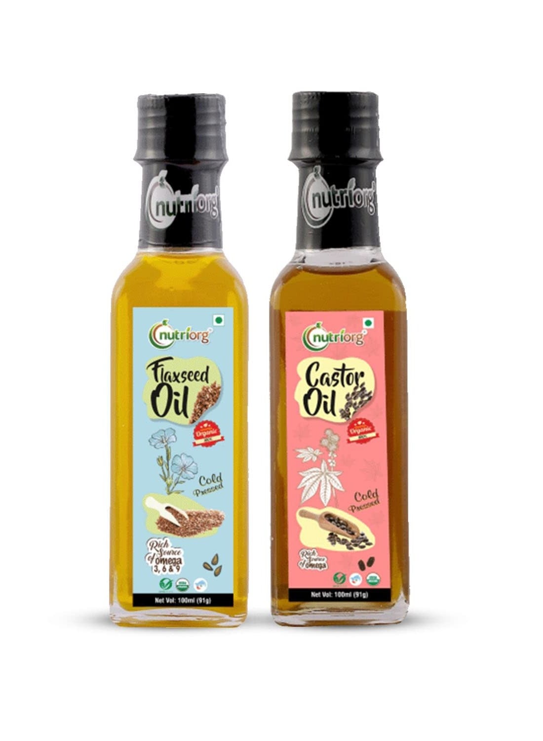 Nutriorg Organic Flaxseed Oil & Castor Oil, 100 Ml (Pack Of 2)