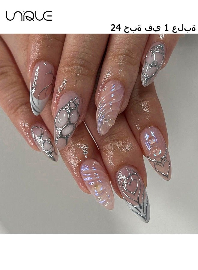 24Pcs Fake Nails, Press Nails, Mid-Almond Manicure - Light Pink Silver Love Manicure - 3D Wave Pattern Nail Art - Fake Nail Patch