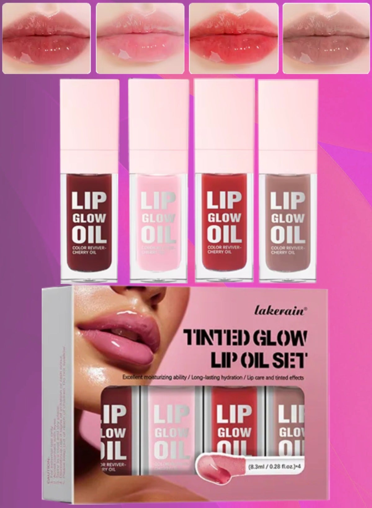 4Pcs Tinted Glow Lip Oil Set Moisturizing Hydrating Nourishing Lip Makeup Glow Lip Oil Set Moist Plump Lips and Lightens Lip Color Fade Lip Lines Lip Tint Four Flavors Gloss 4 x 8.3