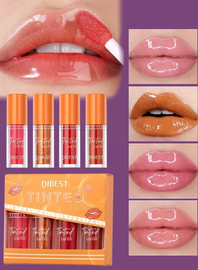 4 Colors Tinted Lip Oil Moisturizing Hydrating Lip Glow Oil Big Brush Head Moisturizing Lip Gloss Shiny Transparent Lip Gloss Plumping Clear Tint Shiny and Vegan Moisturizing Lip Plumper 02