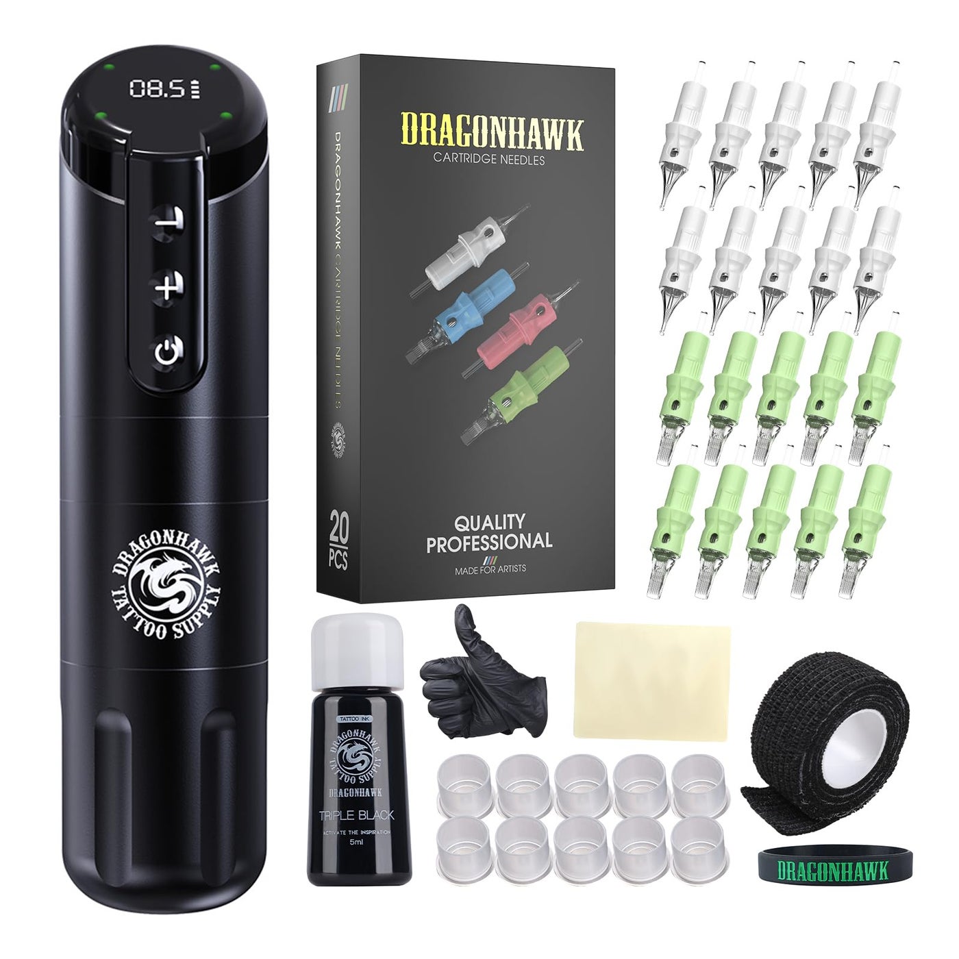 Dragonhawk Tattoo Gun Kit Wireless Beginner Tattoo Kit Complete Tattoo Machine Kit Big Screen Battery Power Supply