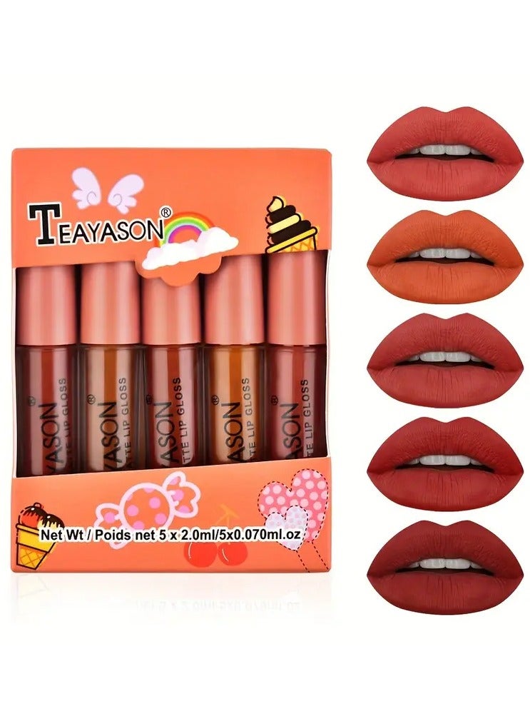 TEAYSON Matte Lip Gloss Set for Adults, Waterproof Non-Fading, Long-Lasting Liquid Lipstick, All Skin Types, Multicolor Nude and Pumpkin Shade Lip Glaze, 5-Piece Box