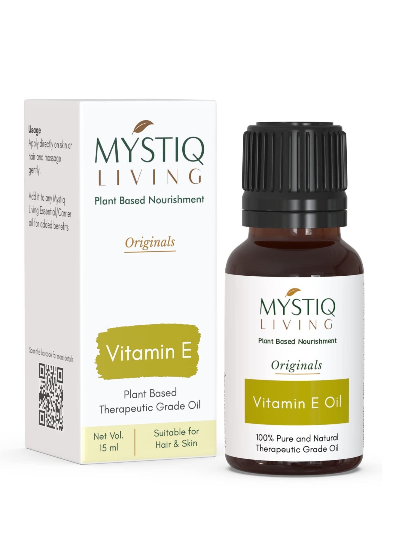 Mystiq Living Vitamin E Oil for Face Skin Hair Pore tightening 100% Plant Based Pure Natural 15 ML