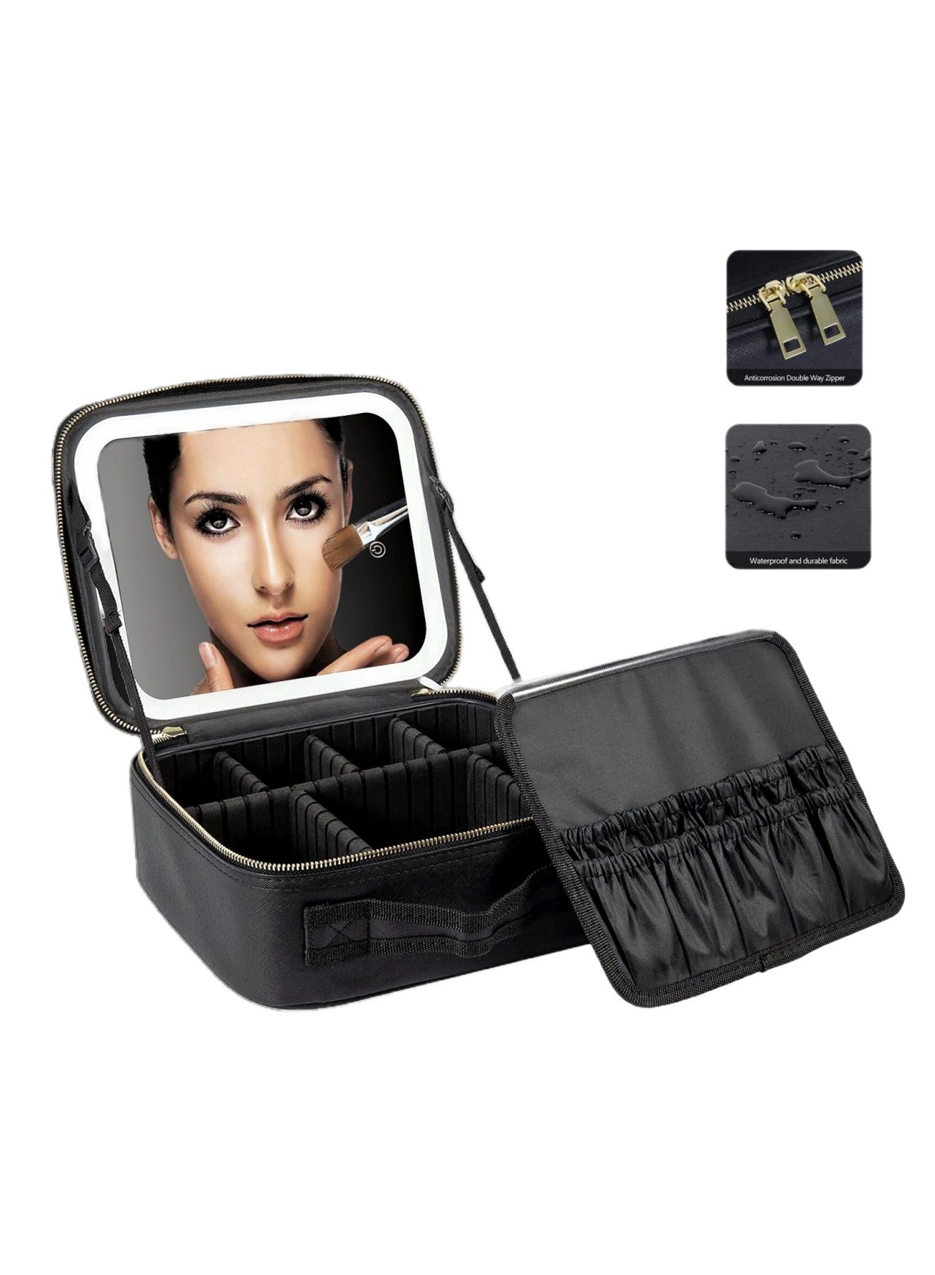 ONECIRCLE makeup bag with LED lighted mirror,Adjustable Brightness LED Cosmetic Train Case with brush storage board suitable for your travel makeup bag with led lighted mirror(black)