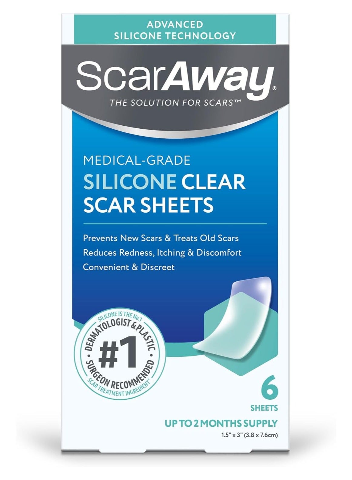 ScarAway Clear Silicone Scar Sheets, White, 6 Count