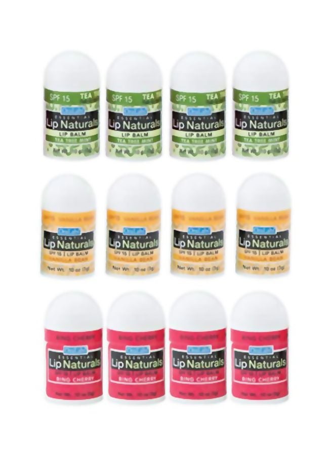 Lip NaturalsÂ® | Assorted Mini Lip Balm with Sunscreen (SPF-15) | Made in USA | 12-Count Pack with Bing Cherry, Tea Tree Mint, and Vanilla Bean Flavors (0.10oz/3g Each)