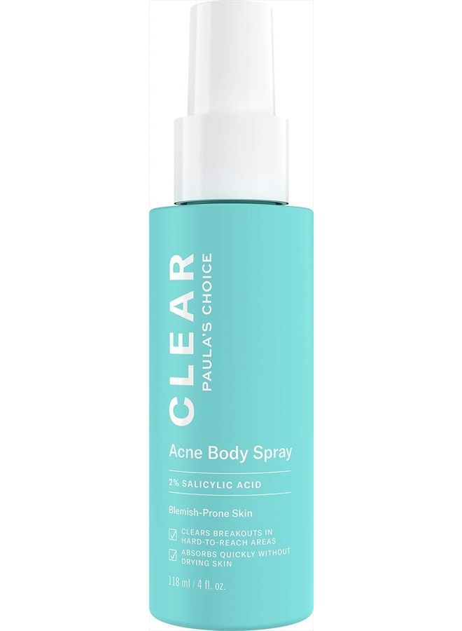 CLEAR Back & Body Exfoliating Acne Spray, 2% BHA (Salicylic Acid) Treatment for Bacne, Blackheads & Blemishes, 4 Ounce